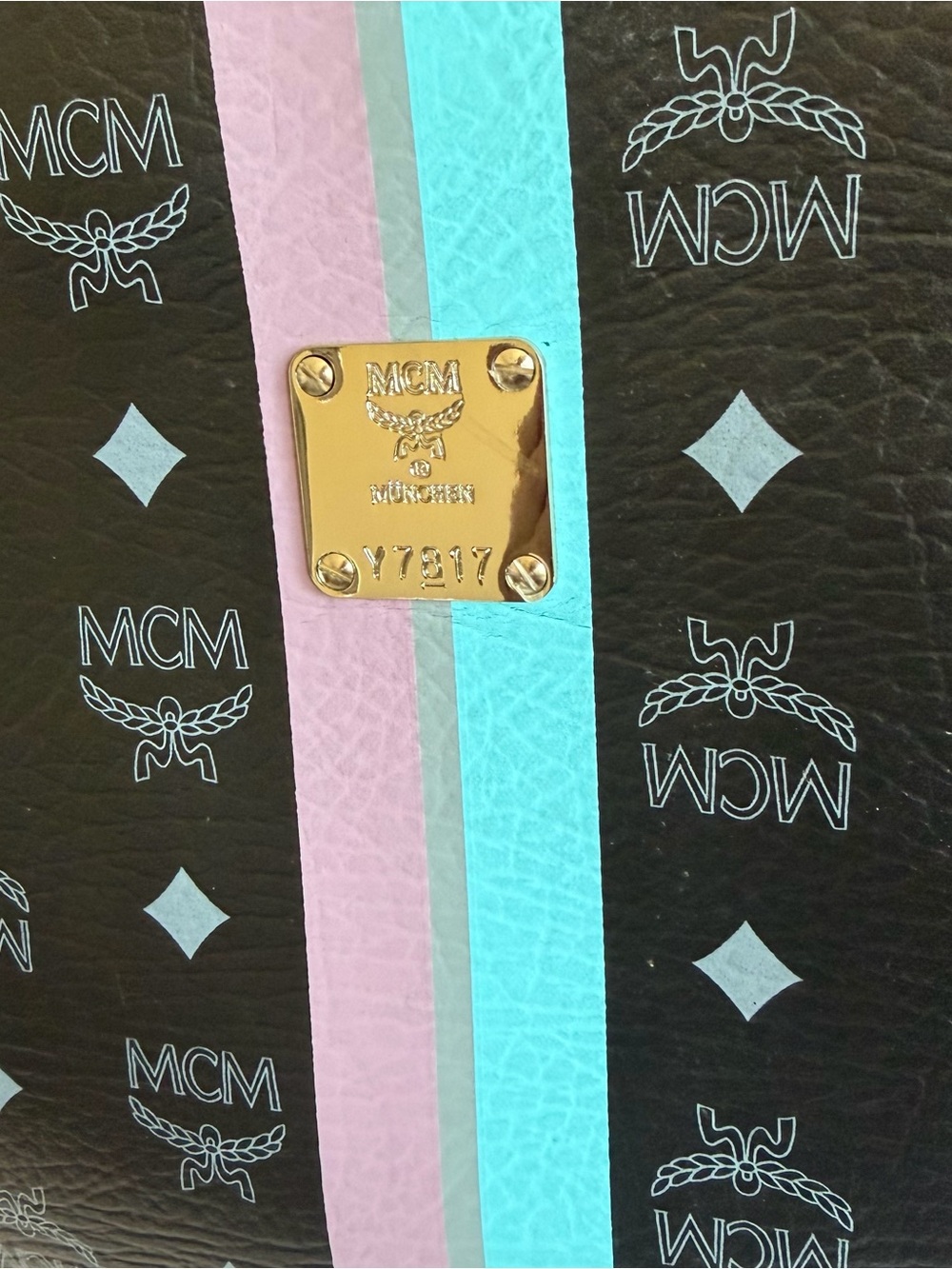 MCM Black Logo Stripe Tote with Purple and Aqua Accents - Picture 4 of 13